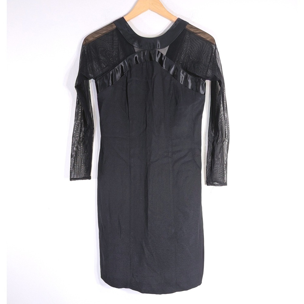 Habits Black Mini Dress; Sheer Mesh Long Sleeves Satin Trim V-Back